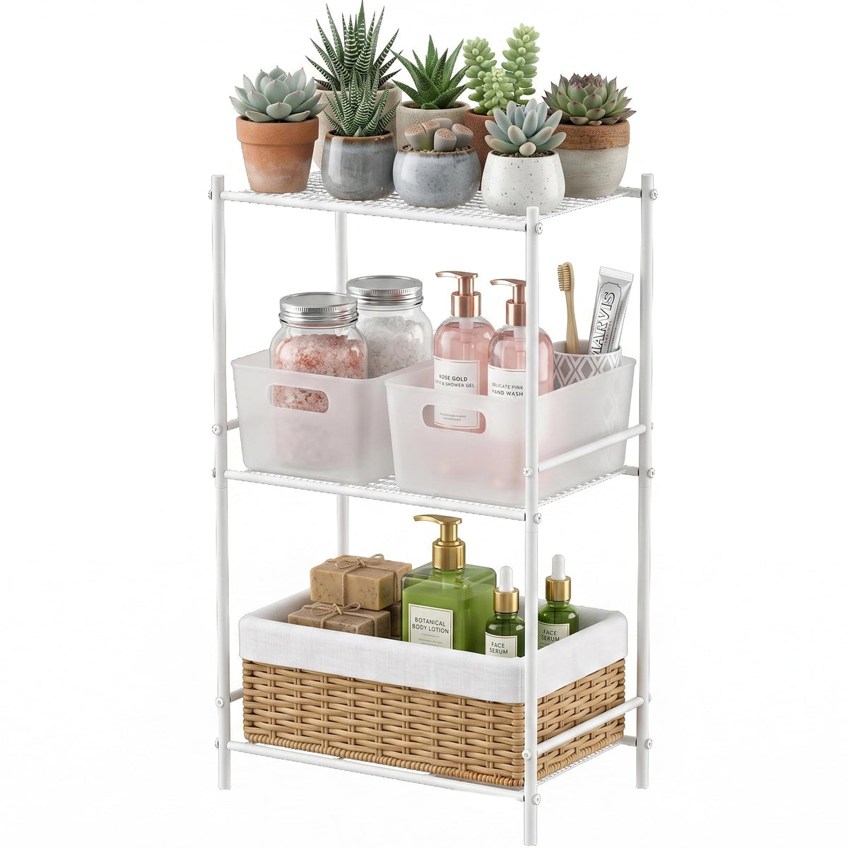 JAQ 3 Tier Small Shelf for Small Spaces, Narrow Bathroom Shelving Unit, Metal Storage Shelf Organizer for Bathroom, Closet, Laundry Room, Dorm, Office, White