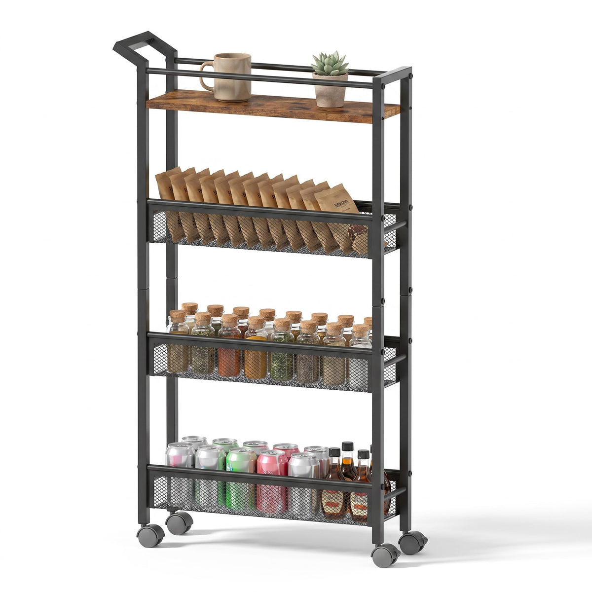 4 Tier Slim Rolling Storage Cart, 5.1 Inch Wide Narrow Storage Cart with Handle, Iron Wood Utility Slide Out Pantry Shelf Organizer for Laundry Room, Bathroom, Kitchen, Small Spaces, Black