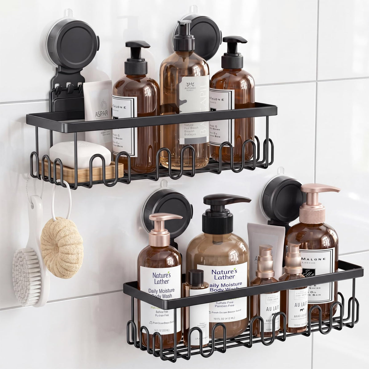 JOTPE Shower Caddy Suction Cup, Powerful Suction Storage Shelf Holds Up to 40 lbs, No Drilling Bathroom Organizer with Large Capacity, Removable & Reusable Shower Basket with Hooks, Rustproof, Black