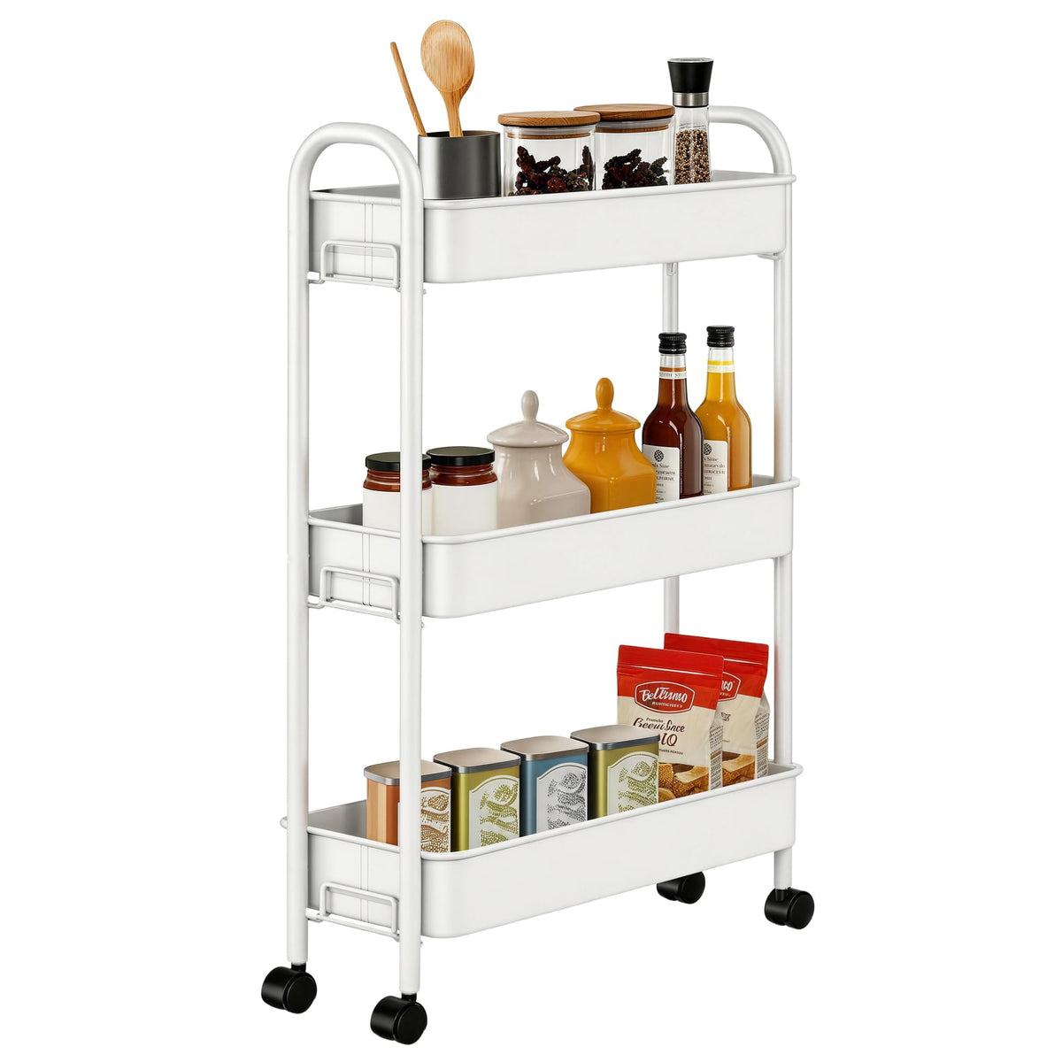 Slim Rolling Cart, Metal Frame Utility Rolling 3-Tier Narrow Storage Cart