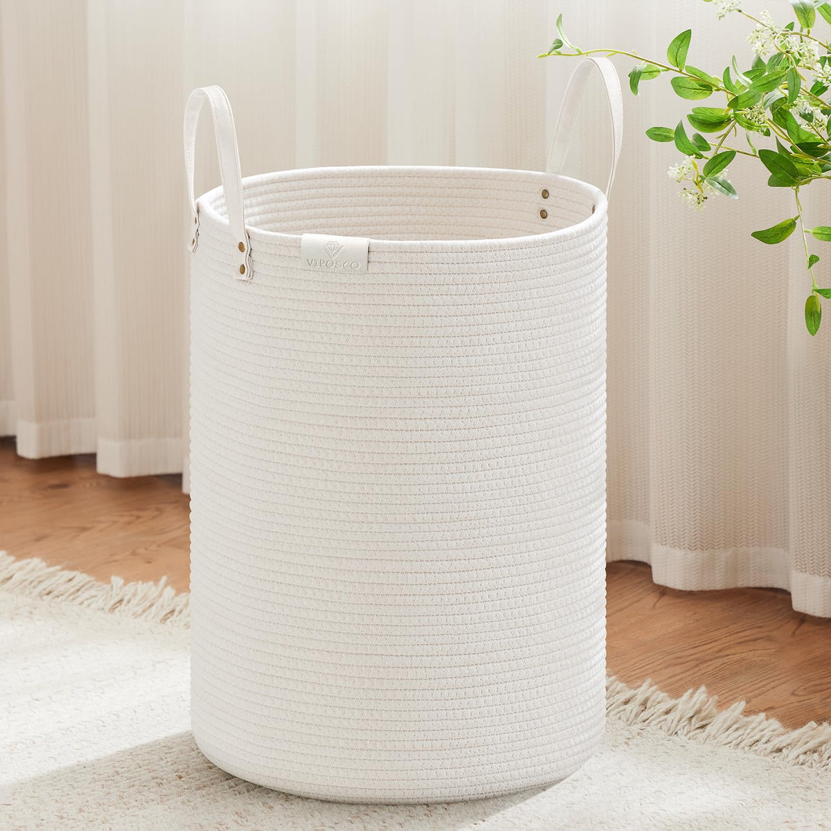 VIPOSCO 72L Tall Woven Rope Laundry Hamper, Leather Handles, White & Brown