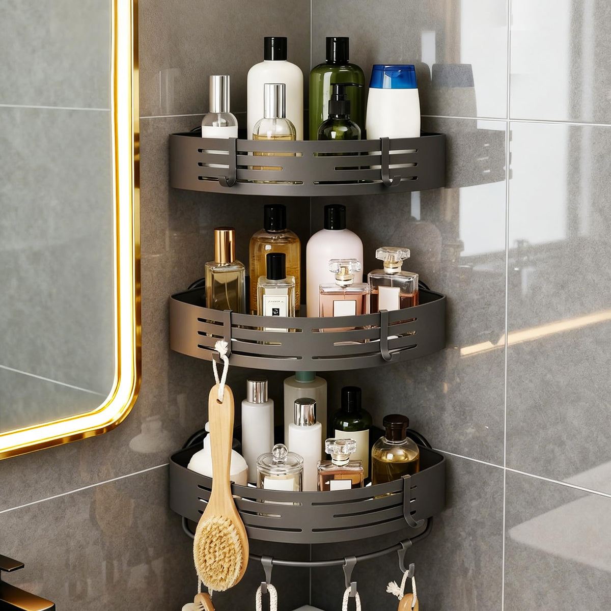 3-Tier No-Drill Storage Caddy with Hooks&Towel Bar,Organizing Solution for Bathroom,Shower&Kitchen,Holds Shampoos,Soaps,Sponges&Cleaners,Triangle