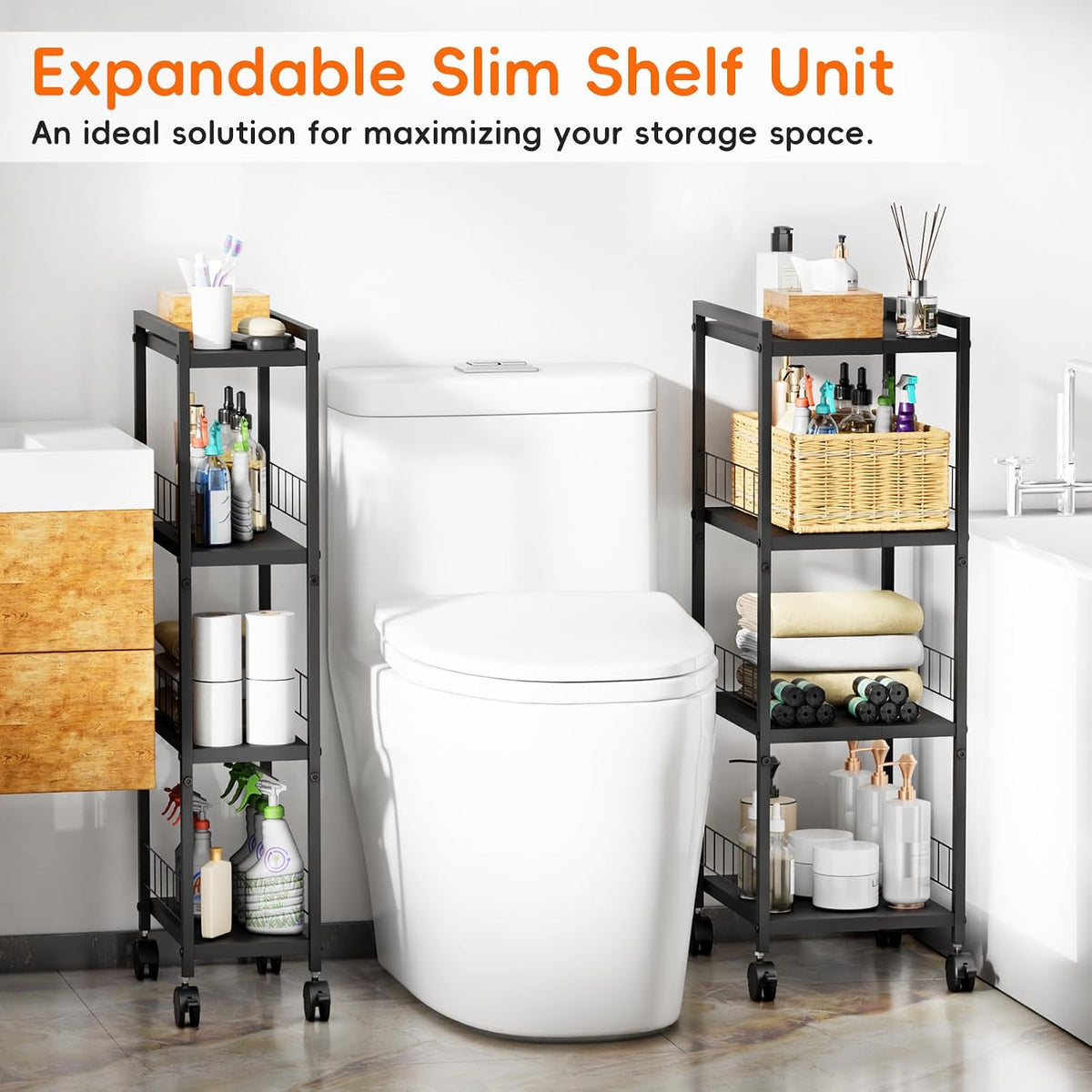 Expandable Slim Storage Cart with Wheels, 4 Tier Narrow Metal Rolling Utility Cart Organizer Adjustable Open Floor Shelving Unit for Small Spaces Bathroom Laundry Room Kitchen