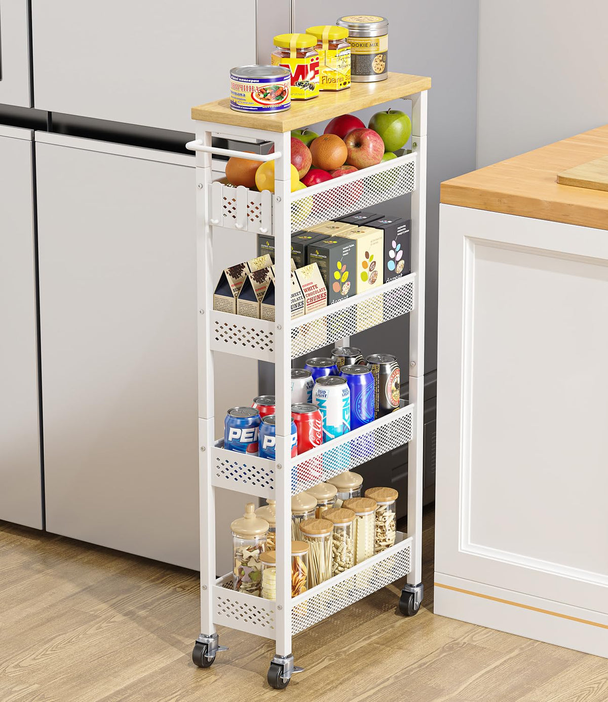 Giwil Slim Rolling Storage Cart 4 Tier Bathroom Organizer Mobile Shelving Unit Utility Cart with Wood Top and Handle for Kitchen Laundry Narrow Places, White