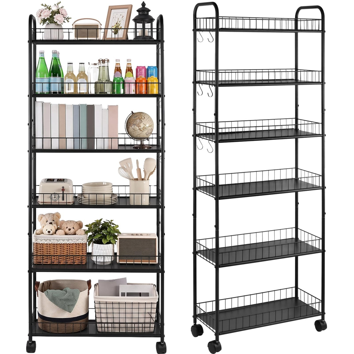 6-Tier Slim Rolling Storage Cart with Wheels, Tall Narrow Storage Shelves for Small Spaces, Metal Utility Cart Mobile Shelving Unit on Wheels for Kitchen, Bathroom, Office