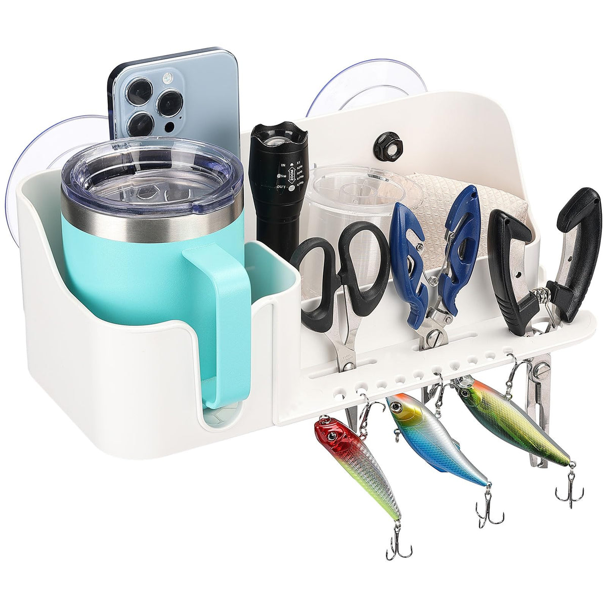 KEMIMOTO Boat Cup Holder, Caddy Organizer Installed With Screws/Suction Cups on Any Flat Surface, Storage Organizer, Cockpit Storage Box Marine Cup Holder for Bass Kayak Jon Pontoon Boat Accessories