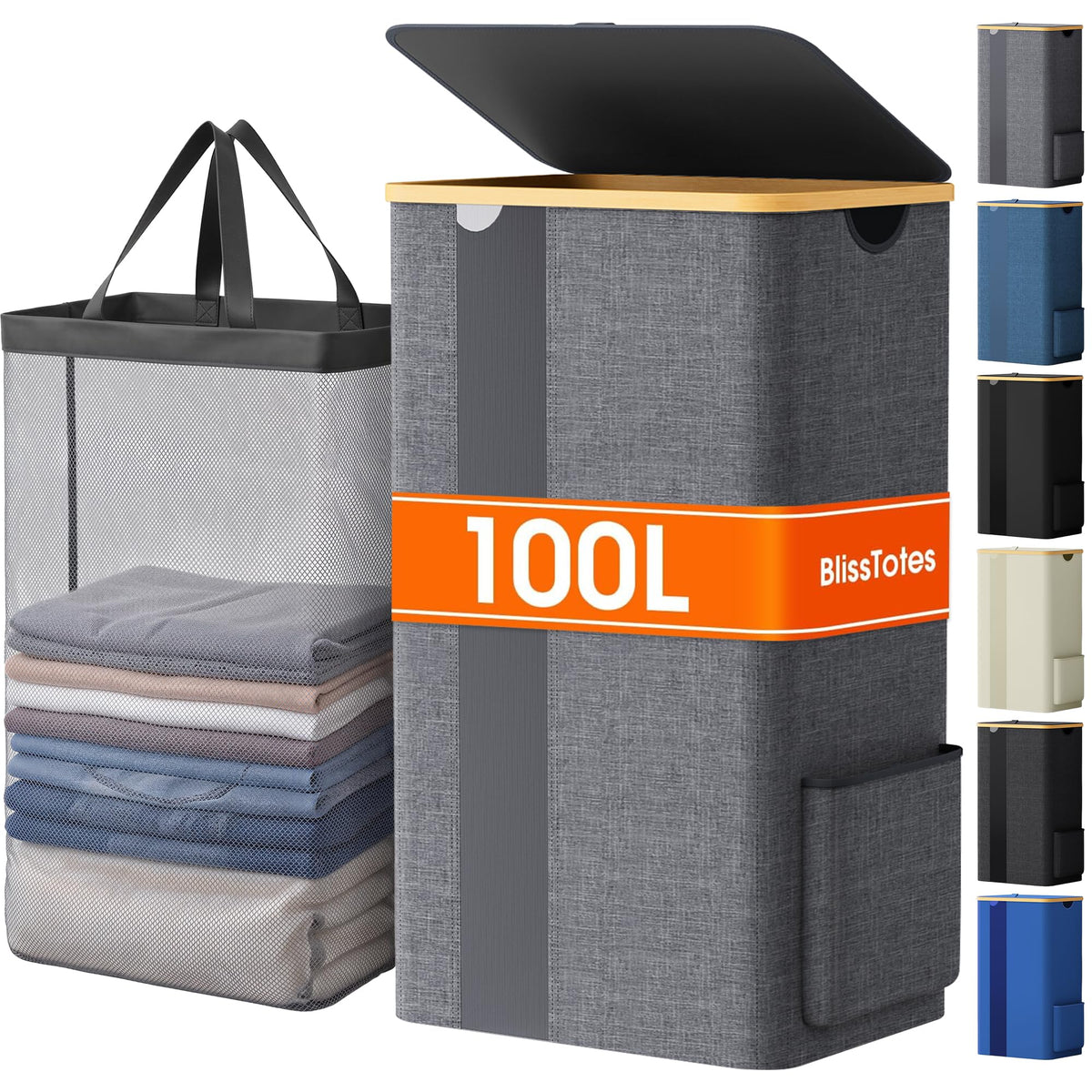 BlissTotes 100L Laundry Basket Hamper with Lid & Removable Bag,Light Grey
