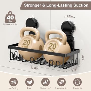JOTPE Shower Caddy Suction Cup, Powerful Suction Storage Shelf Holds Up to 40 lbs, No Drilling Bathroom Organizer with Large Capacity, Removable & Reusable Shower Basket with Hooks, Rustproof, Black
