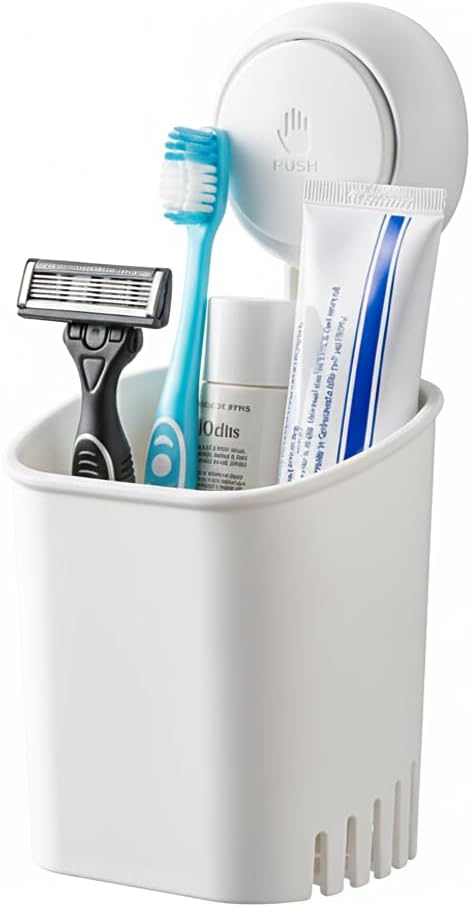 HOME&I Suction Cup Toothbrush Holder for Shower Wall, Drill-Free Self-Draining Bathroom Organizer, Removable Wall Mounted Storage for Toothpaste, Razor & Accessories