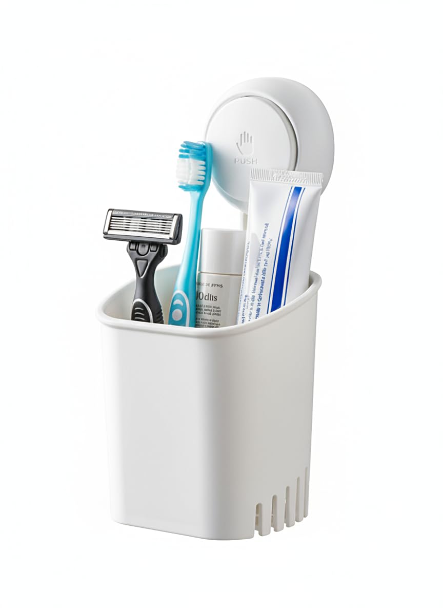 HOME&I Clear Suction Cup Toothbrush Holder for Shower Wall, Twist-to-Lock Drill-Free Bathroom Organizer with 2 Hooks, Self-Draining Wall Storage for Toothpaste, Razor & Accessories