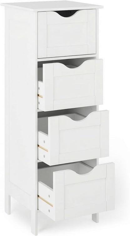Bonnlo Skinny Bathroom Floor Storage Cabinet,White 12 Inch Wide Deep Small Storage Organizer with 4 Drawers, Wooden Modern Thin Free Standing Tower Cabinet w/ 4 Cute Drawers for Bathroom, Living Room