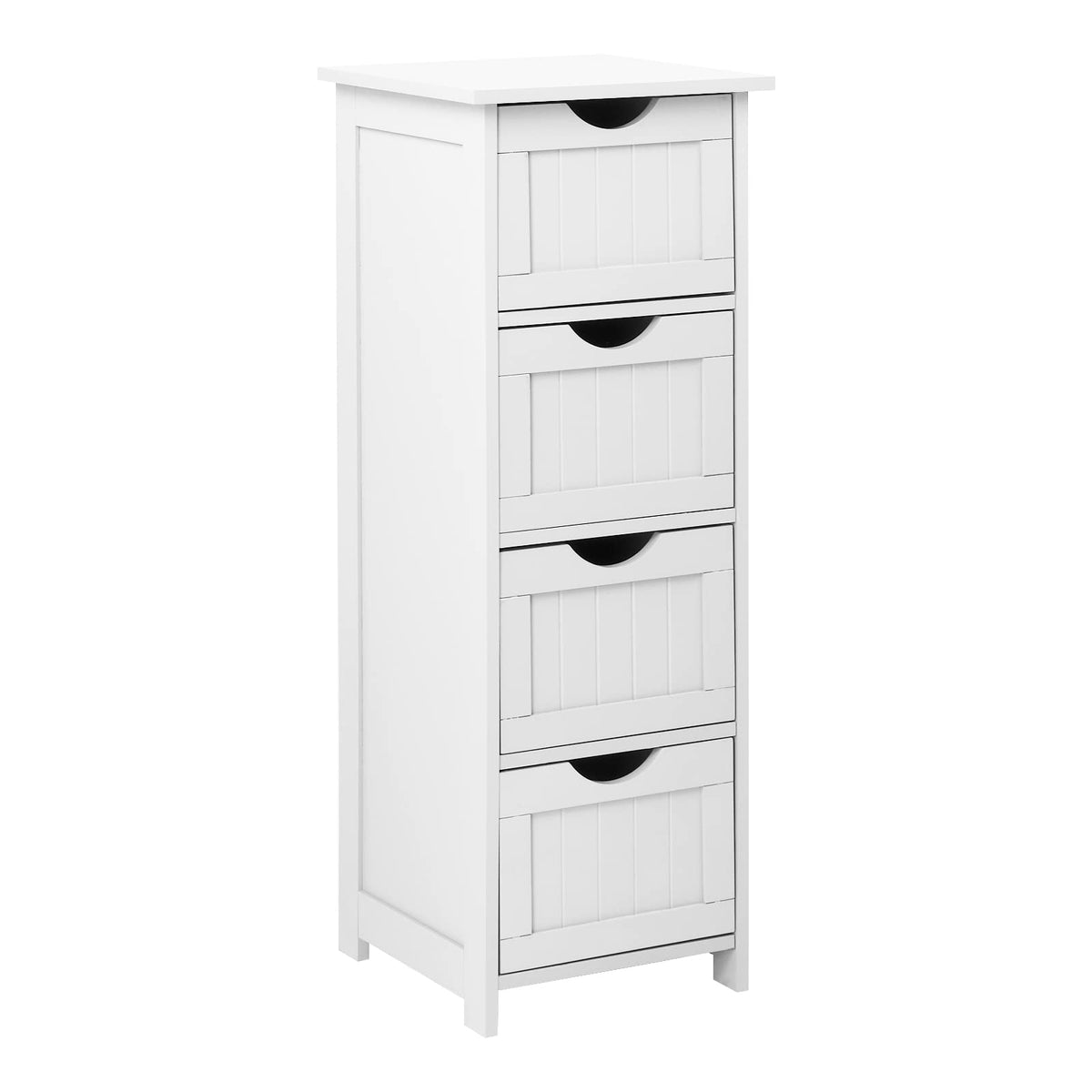 Bonnlo Skinny Bathroom Floor Storage Cabinet,White 12 Inch Wide Deep Small Storage Organizer with 4 Drawers, Wooden Modern Thin Free Standing Tower Cabinet w/ 4 Cute Drawers for Bathroom, Living Room