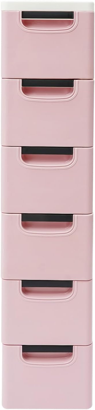 6 Drawers Narrow Slim Plastic Storage Cabinet,Storage Drawer with Wheels,6 Tier Drawers Dresser,Rolling Narrow Cabinet for Small Spaces Bathroom Kitchen Living Room,Pink