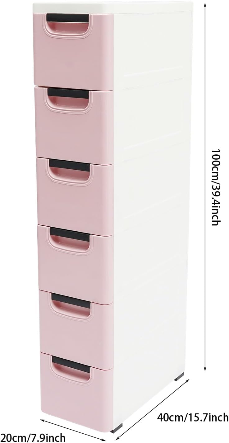 6 Drawers Narrow Slim Plastic Storage Cabinet,Storage Drawer with Wheels,6 Tier Drawers Dresser,Rolling Narrow Cabinet for Small Spaces Bathroom Kitchen Living Room,Pink
