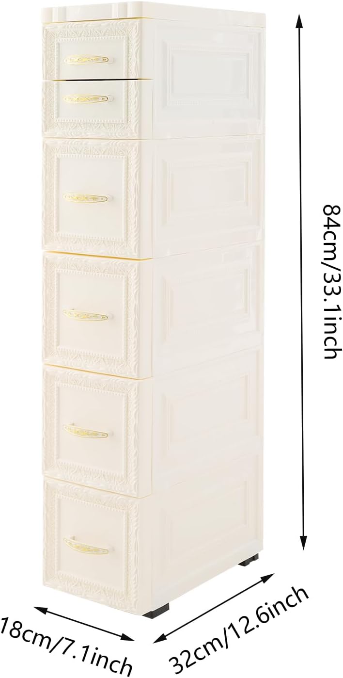Slim Storage Cabinet, Rolling Drawer Unit, Narrow Organizer (White)