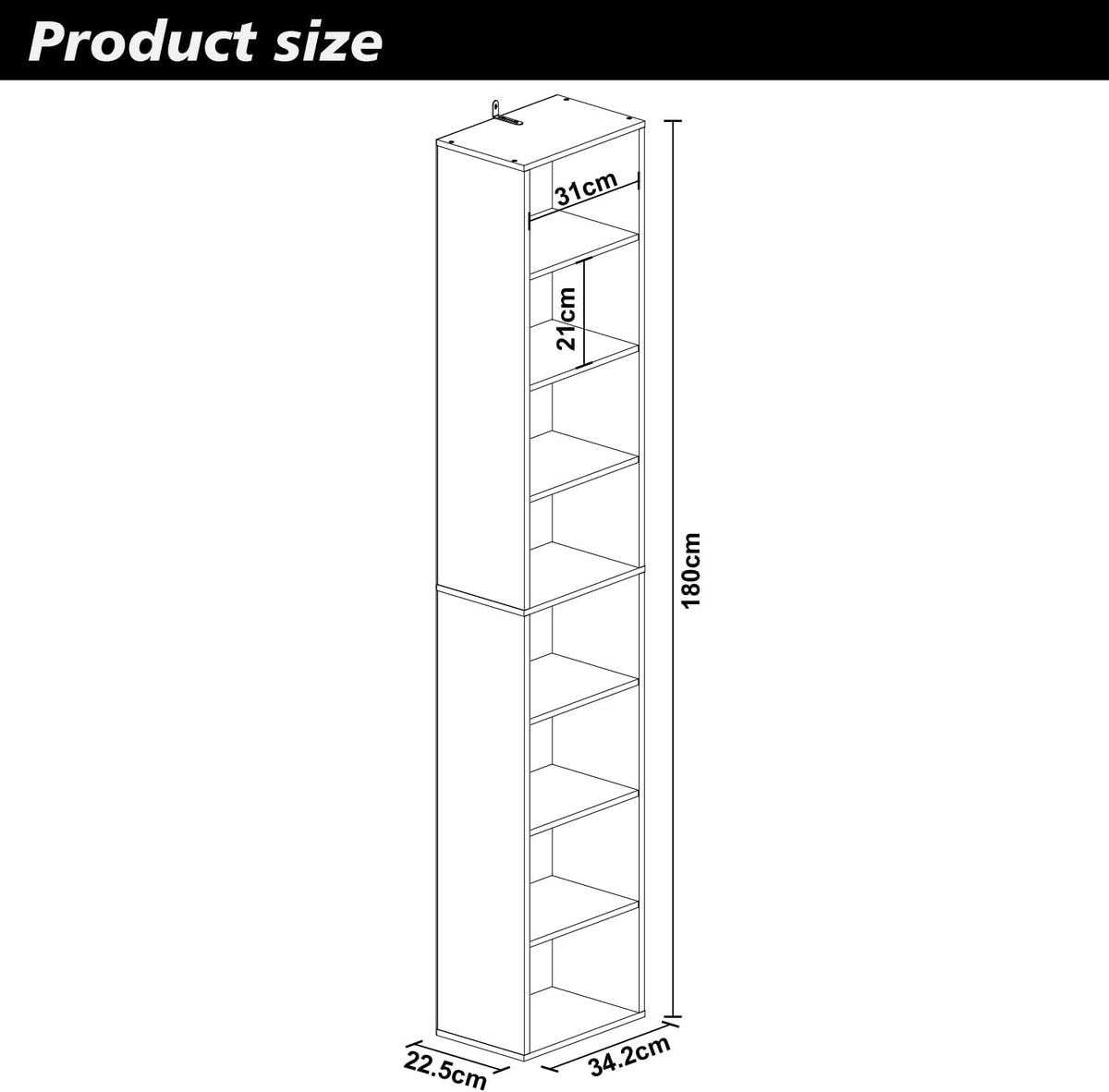 Panana 8 Tier Storage Shelf Bookcase, Slim Organizer Shelves Cabinet Tall Narrow Media Tower Rack Display Bookshelf for Home Office (Black)