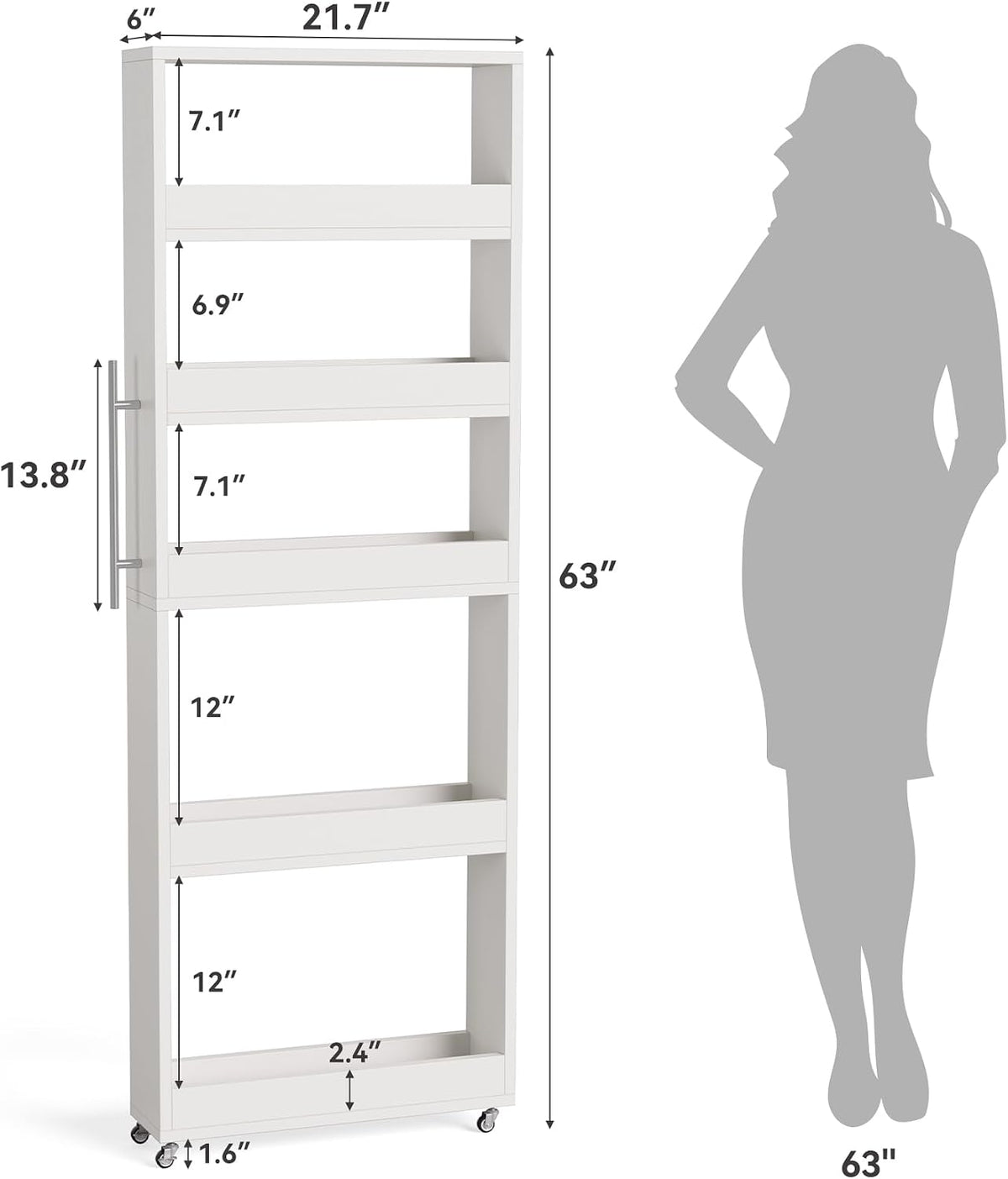 LITTLE TREE 63-Inch Slim Storage Cart on Wheels, 5-Tier Tall Narrow Mobile Shelf Organizer, Rolling Utility Cart with Metal Handle for Kitchen, Dining Room, Small Spaces, White