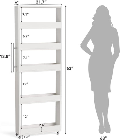 LITTLE TREE 63-Inch Slim Storage Cart on Wheels, 5-Tier Tall Narrow Mobile Shelf Organizer, Rolling Utility Cart with Metal Handle for Kitchen, Dining Room, Small Spaces, White