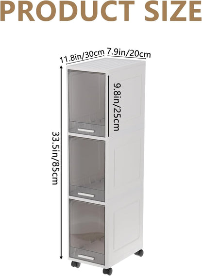 Narrow Bathroom Storage Cabinet with 4 Wheels, 3Tier Slim Storage Organizer