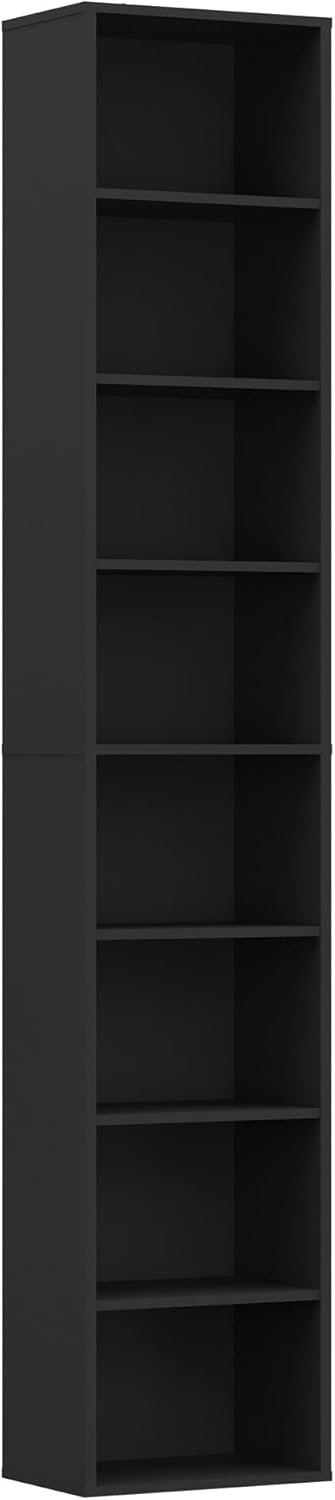 Panana 8 Tier Storage Shelf Bookcase, Slim Organizer Shelves Cabinet Tall Narrow Media Tower Rack Display Bookshelf for Home Office (Black)