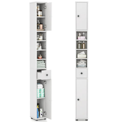 Tangkula Tall Slim Bathroom Storage Cabinet, 71" Freestanding Bathroom Cabinet w/ 2 Doors, 1 Drawer & 5 Adjustable Shelves, Floor Narrow Tower Cabinet for Small Spaces, 8" x 8" x 71" (Grey)