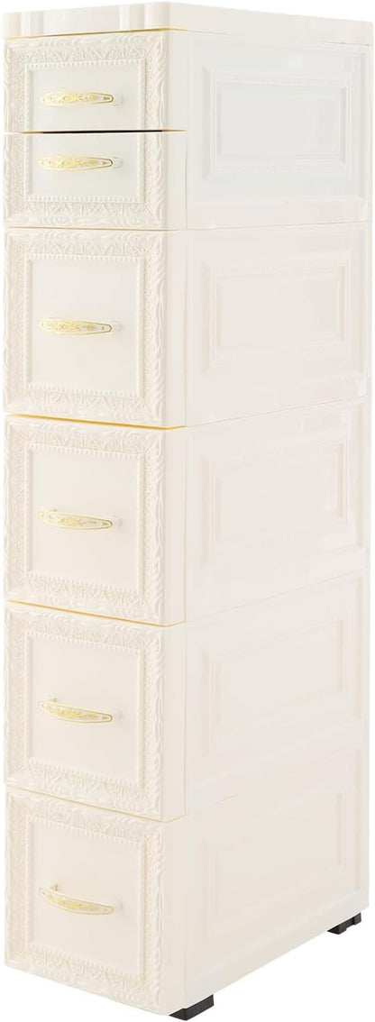 Slim Storage Cabinet, Rolling Drawer Unit, Narrow Organizer (White)