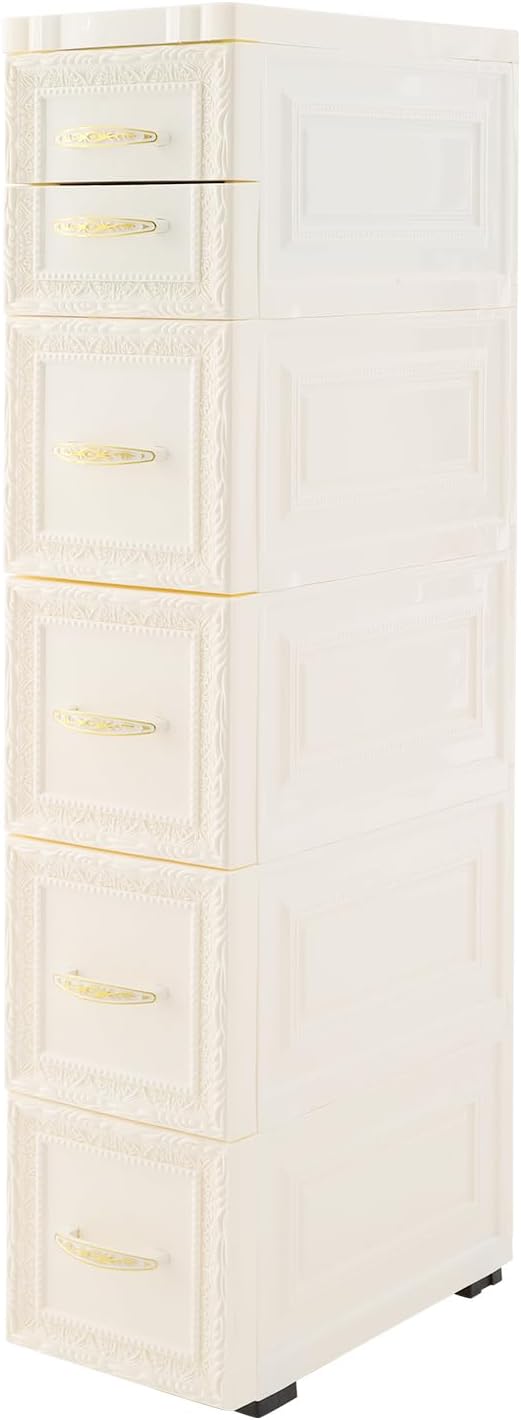Slim Storage Cabinet, Rolling Drawer Unit, Narrow Organizer (White)