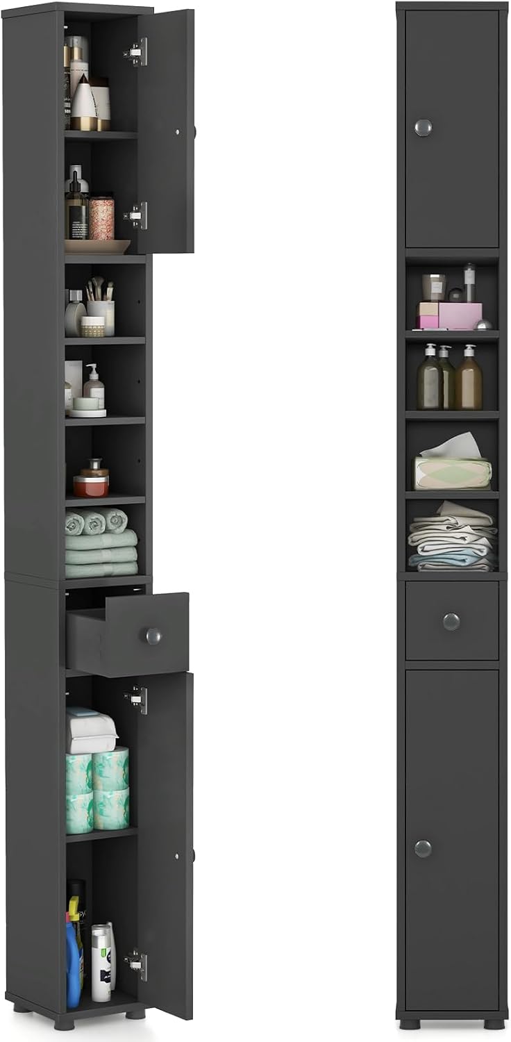 Tangkula Tall Slim Bathroom Storage Cabinet, 71" Freestanding Bathroom Cabinet w/ 2 Doors, 1 Drawer & 5 Adjustable Shelves, Floor Narrow Tower Cabinet for Small Spaces, 8" x 8" x 71" (Grey)