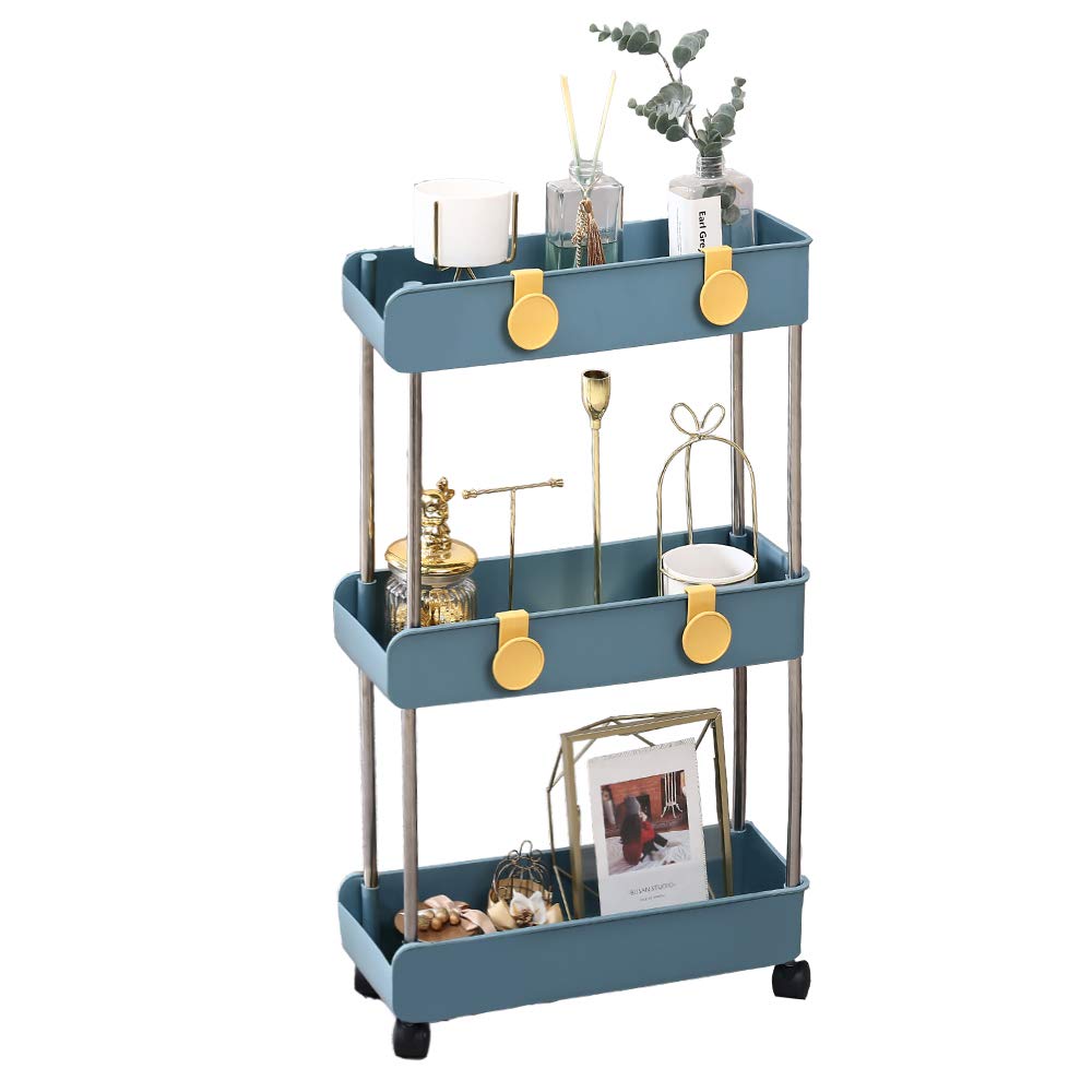 Melody House 3-Tier Slim Mobile Shelving Unit on Wheels, Slide Out Rolling Bathroom Storage Organizer, Utility Carts Shelf Rack for Kitchen Bathroom Laundry Room Narrow Places, Navy Blue