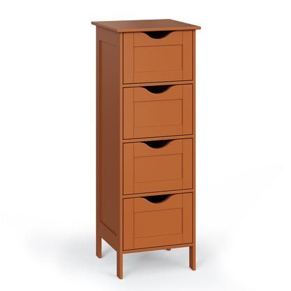 Bonnlo Skinny Bathroom Floor Storage Cabinet,White 12 Inch Wide Deep Small Storage Organizer with 4 Drawers, Wooden Modern Thin Free Standing Tower Cabinet w/ 4 Cute Drawers for Bathroom, Living Room