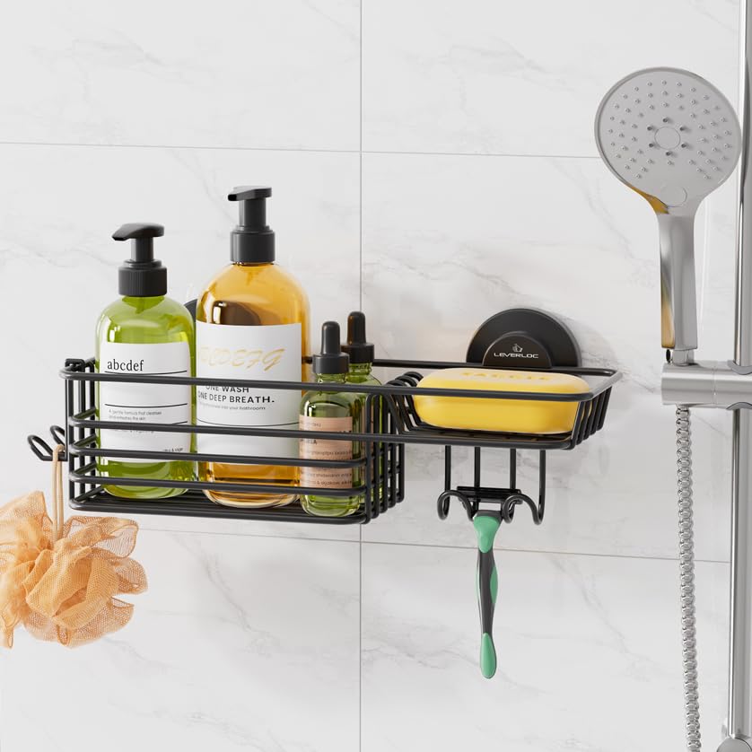 LEVERLOC Shower Caddy Suction Cup, 2 Pack Shower Shelves for Inside Shower with Hooks & Soap Holder, NO-Drilling Bathroom Shower Organizer, Rustproof Meatl Shower Holder Storage, Black