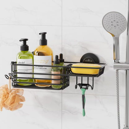 LEVERLOC Shower Caddy Suction Cup, 2 Pack Shower Shelves for Inside Shower with Hooks & Soap Holder, NO-Drilling Bathroom Shower Organizer, Rustproof Meatl Shower Holder Storage, Black