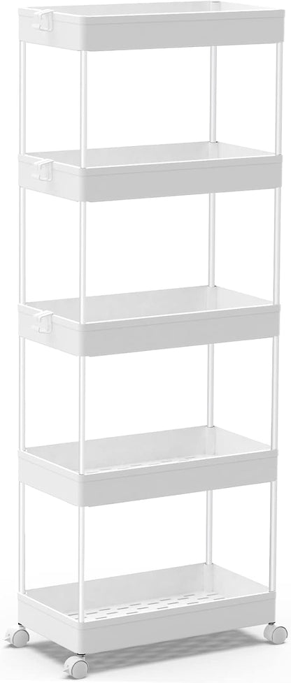 SPACEKEEPER 5 Tier Storage Rolling Cart, Bathroom Cart with Wheels, White