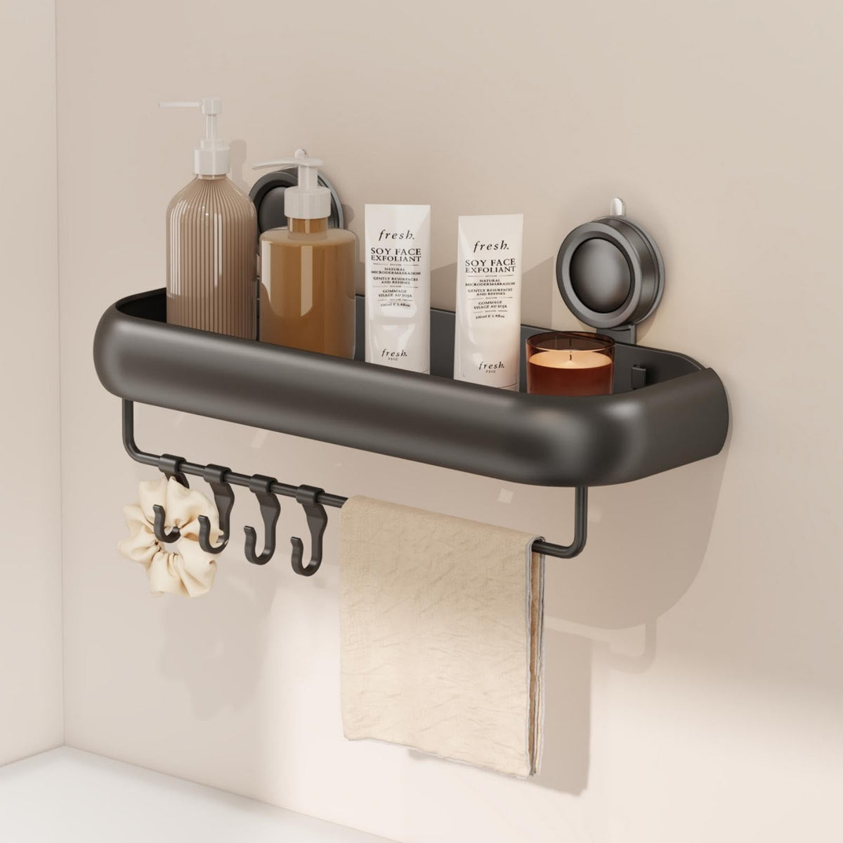 CICUFY Shower Caddy Suction Cup, 2 Pack No Drilling Corner Shower Shelves, Rust Proof Bathroom Storage Organizer, Shower Corner Caddy with Removable Hooks and Towel Bar, Triangle, Cream