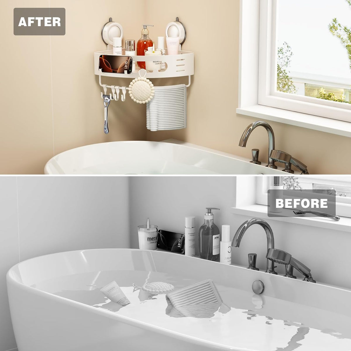 Voldra Corner Shower Caddy Suction Cup, Aluminum Corner Shower Shelves for Wall No Drilling, Large Suction Cup Shower Organizer with Towel Bar & Hooks Removable Bathroom Storage(2 Pack-Cream White)
