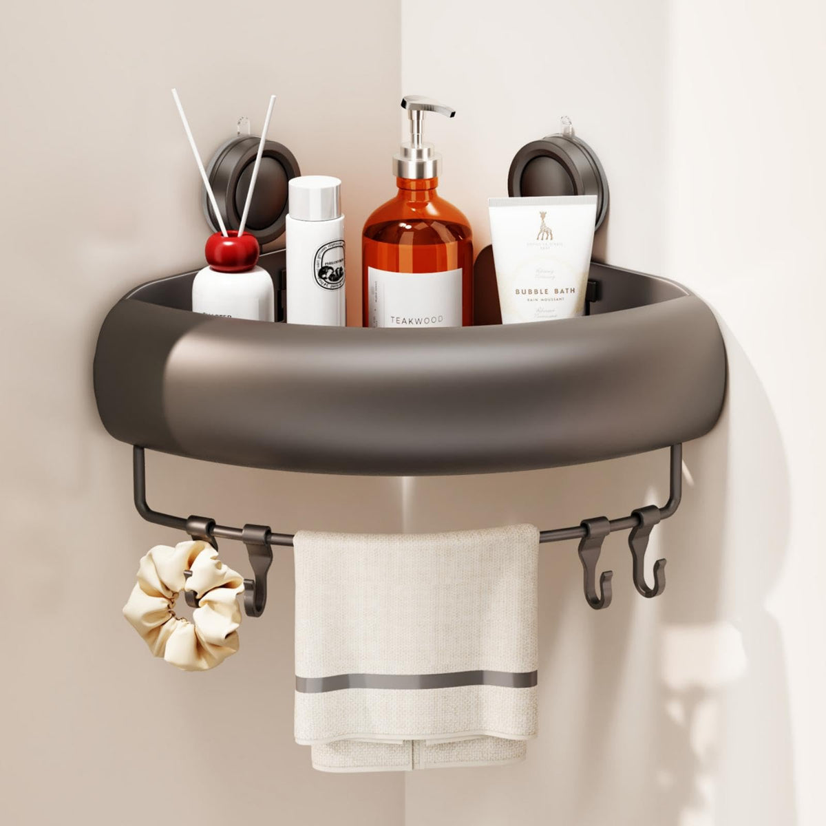 CICUFY Shower Caddy Suction Cup, 2 Pack No Drilling Corner Shower Shelves, Rust Proof Bathroom Storage Organizer, Shower Corner Caddy with Removable Hooks and Towel Bar, Triangle, Cream