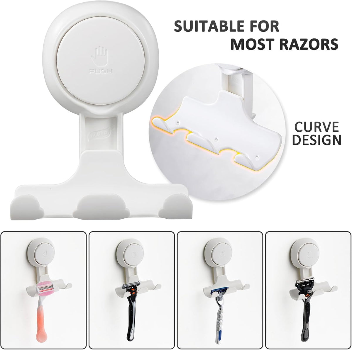 LEVERLOC Razor Holder for Shower 2 Pack, Powerful Suction Cup Hooks, White
