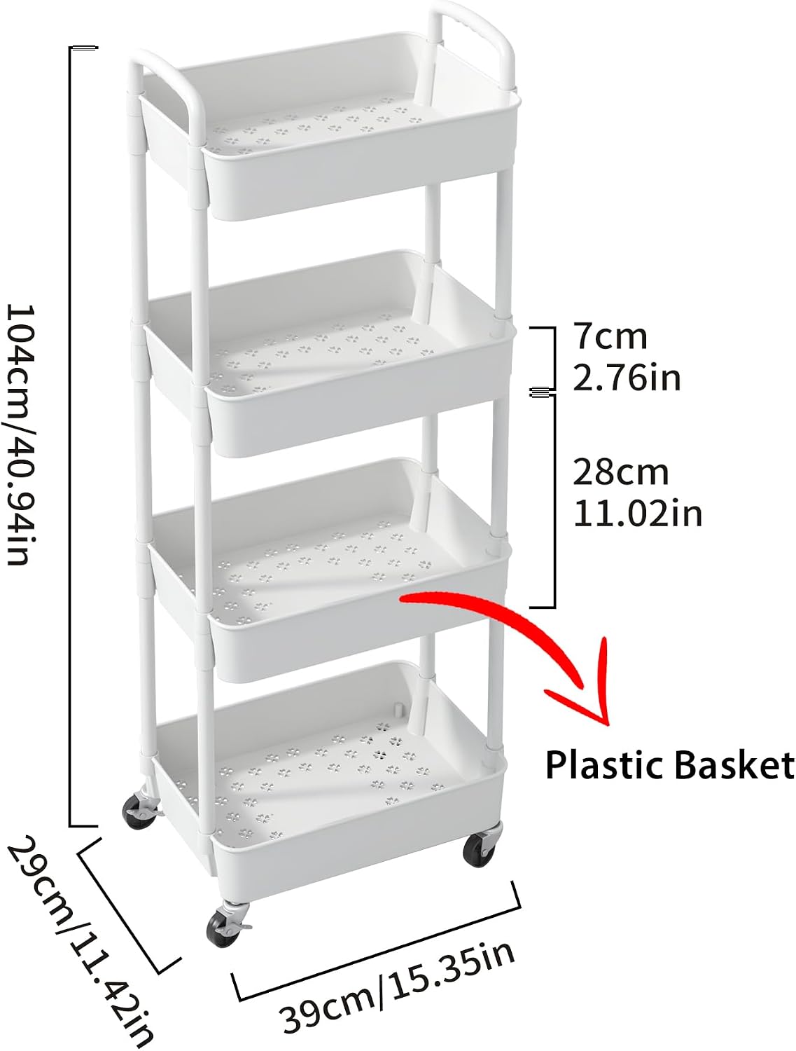 Sywhitta 4-Tier Plastic Rolling Utility Cart with Wheels for Storage,White