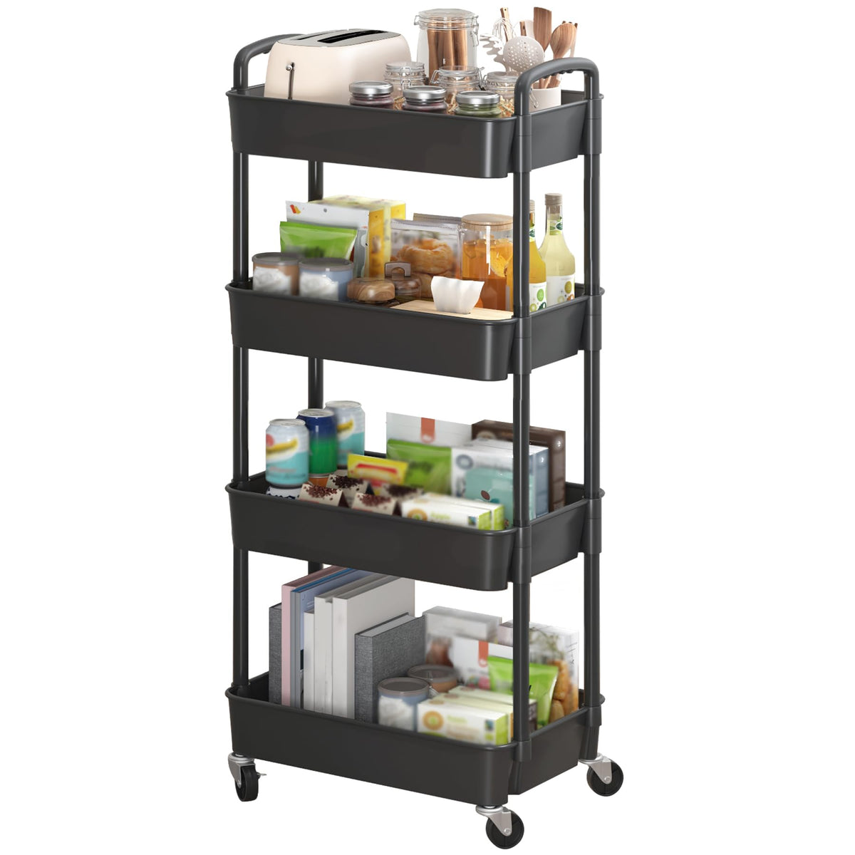 Sywhitta 4-Tier Plastic Rolling Utility Cart with Wheels for Storage,White
