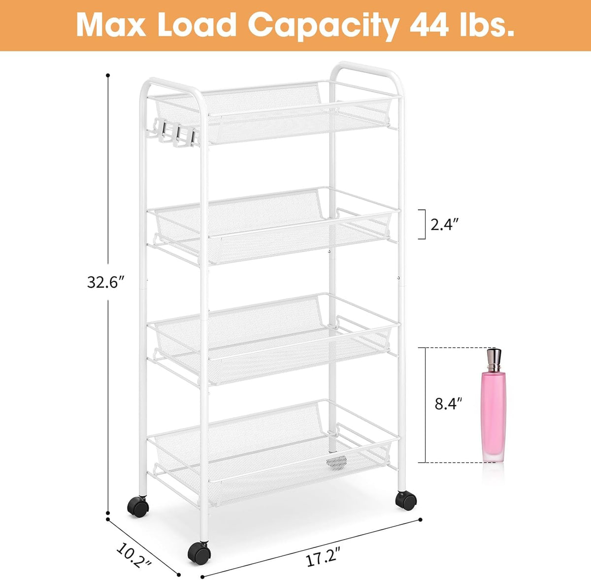 TOOLF 4 Tier Rolling Cart, Metal Utility Storage Cart with Wheels, White