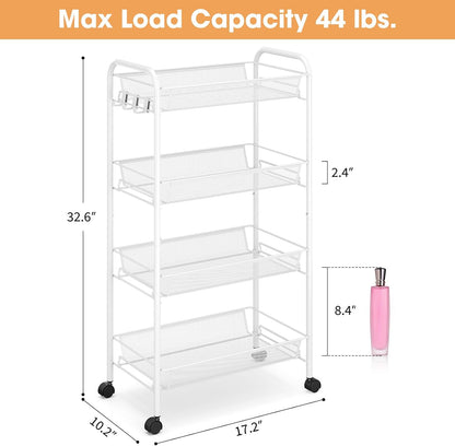 TOOLF 4 Tier Rolling Cart, Metal Utility Storage Cart with Wheels, White