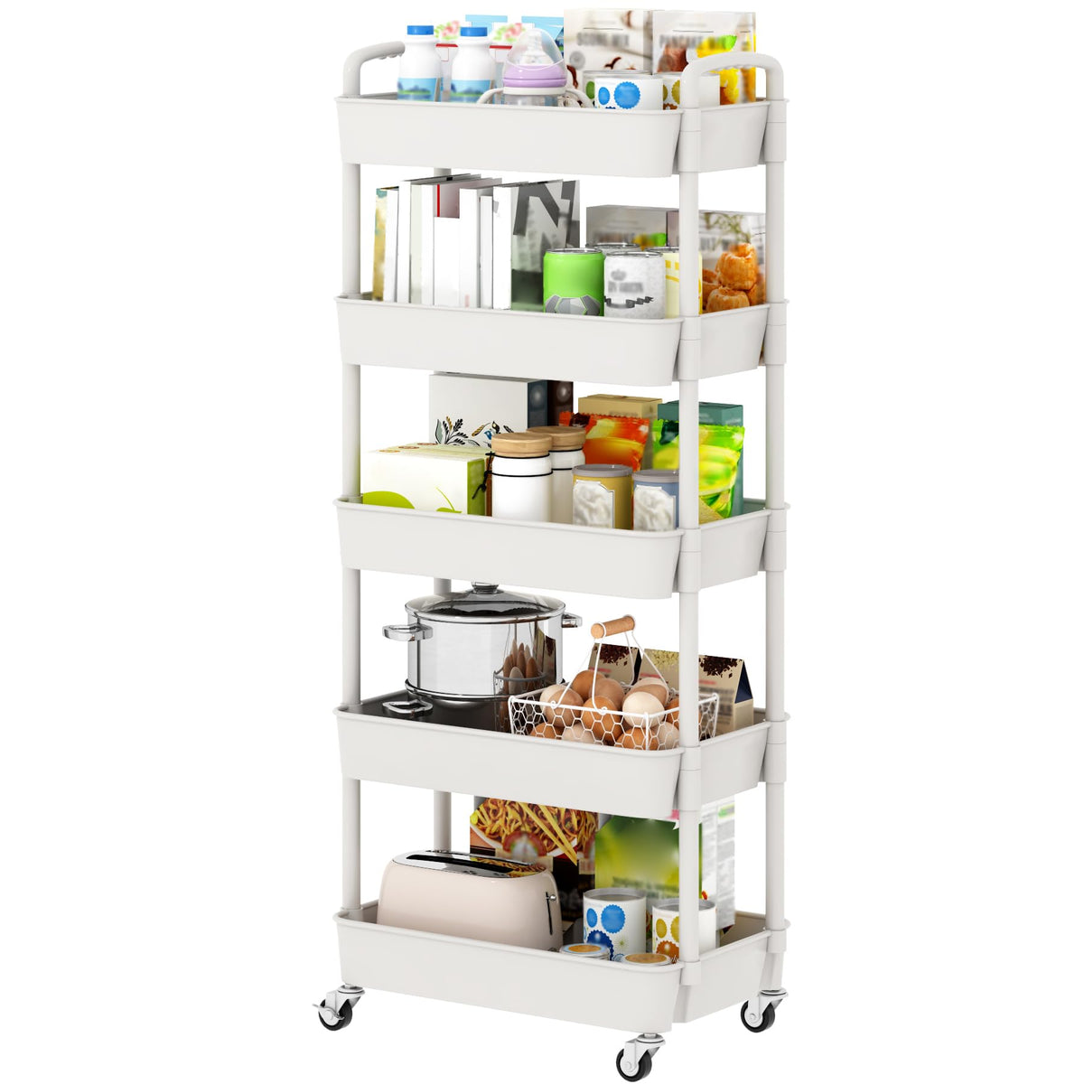 Sywhitta 4-Tier Plastic Rolling Utility Cart with Wheels for Storage,White