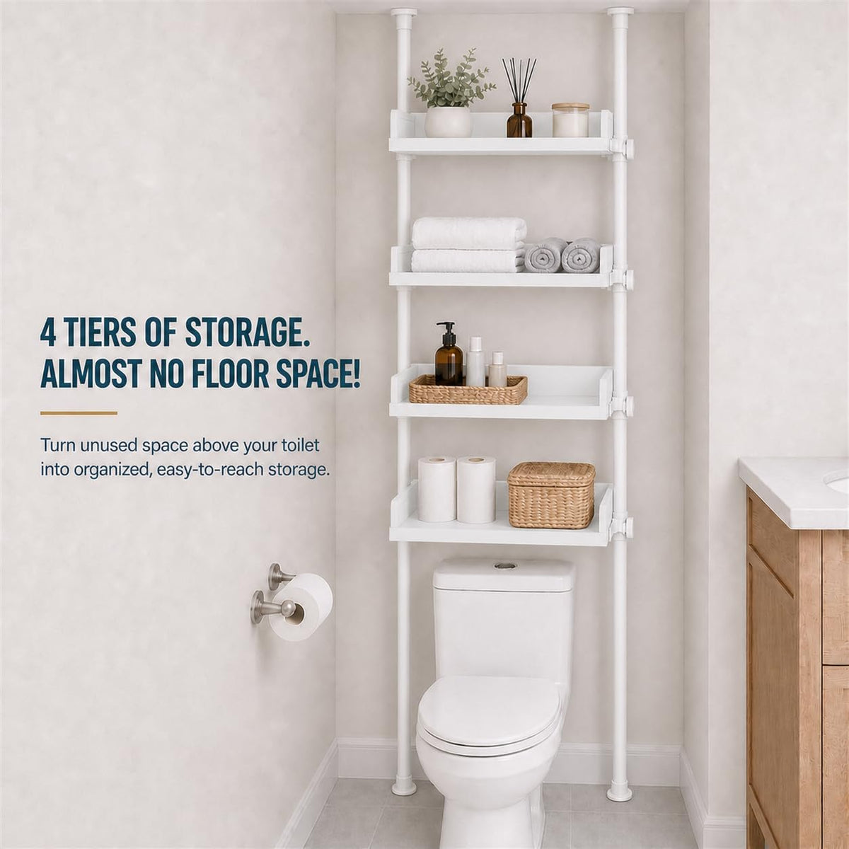 ALLZONE Tension Over The Toilet Storage Cabinet, No-Drill, Fits 92-116 in.