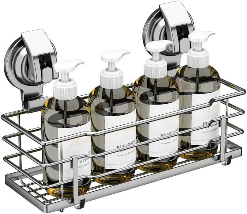 TESOT Suction Cup Shower Caddy, Shower Shelf Soap Dish with Hooks for Razor, Sponge, Rust Proof 304 Stainless Steel, Silver