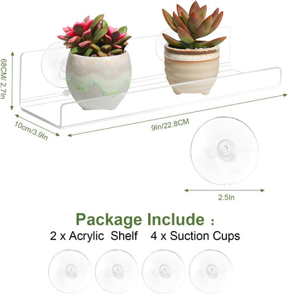 2 Pack Window Plant Shelves, 9 Inch Acrylic Suction Cup Shelf, Window Sill Extender for Indoor Succulents, Herb Planters, Micro Greens, Bathroom Organizer