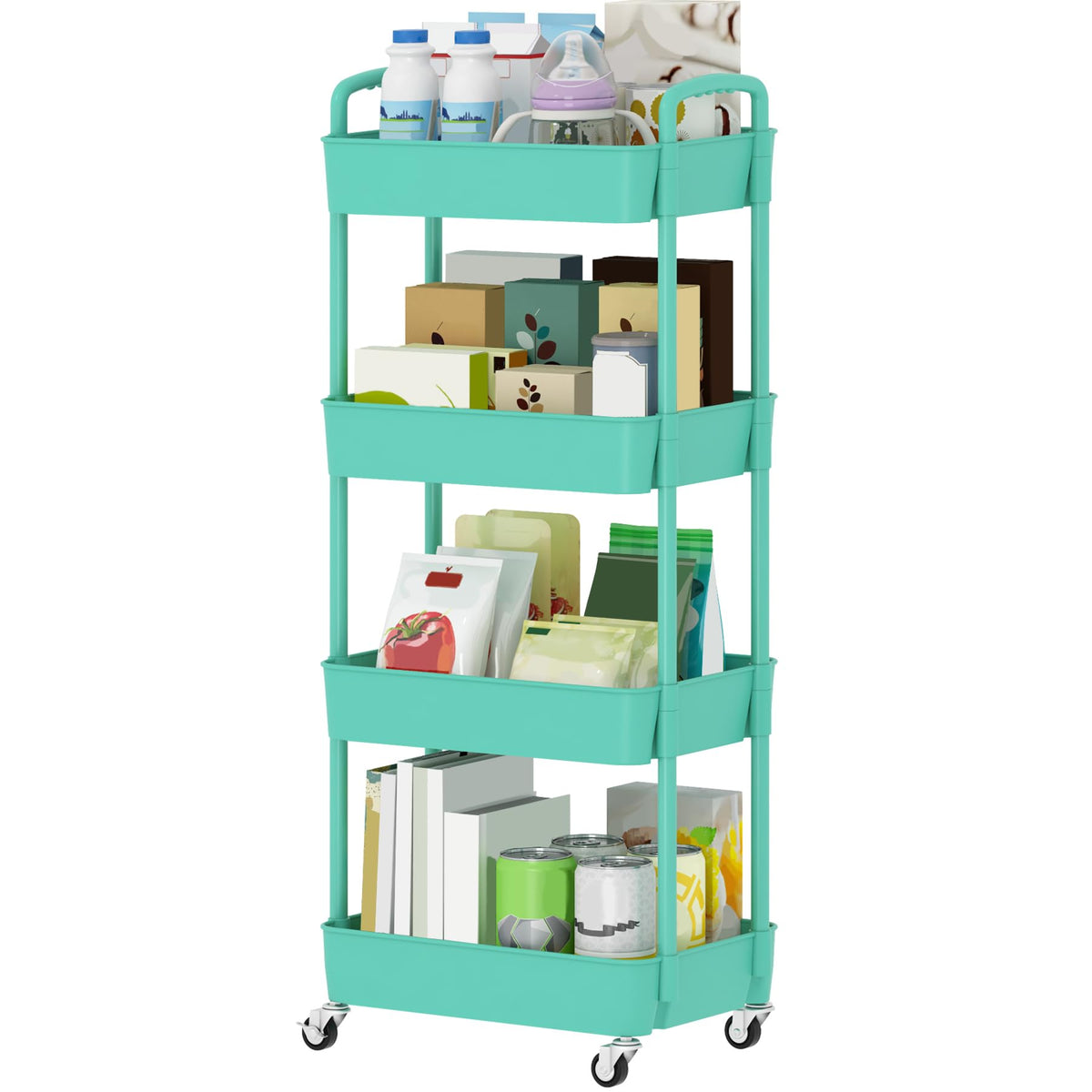 Sywhitta 4-Tier Plastic Rolling Utility Cart with Wheels for Storage,White