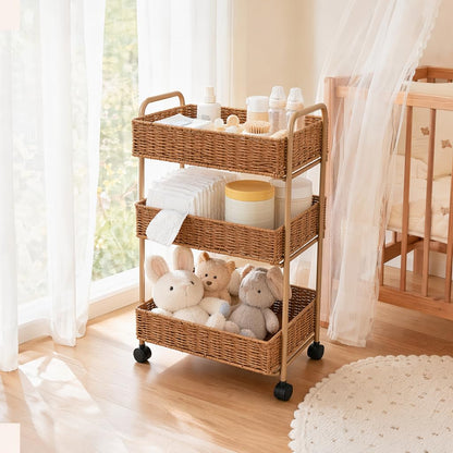 FOCHIER F Utility Slim Storage Cart,3-Tier Rolling Kitchen Office Laundry Room Cart,Mobile Shelving Unit Organizer for Living Room Bathroom Baby Diaper Narrow Places (Natural, 3 Tiers-7.1 inch (W))