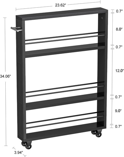KLM Rolling Storage Cart 4-Tier Black Kitchen Cart with Wheels, Slim Storage Cart with Handle Slide Out Utility Cart Shelving Unit Organizer Trolley for Laundry Narrow Places Bathroom Small Corner