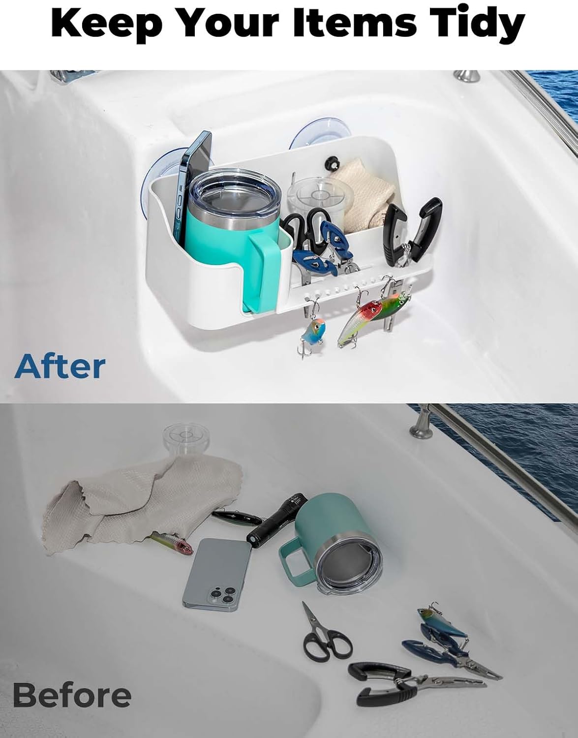 KEMIMOTO Boat Cup Holder, Caddy Organizer Installed With Screws/Suction Cups on Any Flat Surface, Storage Organizer, Cockpit Storage Box Marine Cup Holder for Bass Kayak Jon Pontoon Boat Accessories