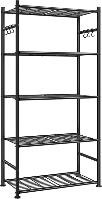 Sakugi 5T Storage Rack Organizer with Hooks, Heavy Duty Metal Garage Rack with Leveling Feet, Freestanding Utility Rack for Bedroom, Balcony and Garage, 18.1"×12.4"×56.8", White
